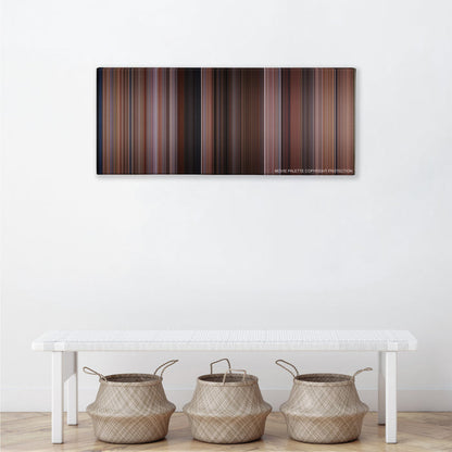 My Big Fat Greek Wedding color palette canvas above a white bench with three woven baskets