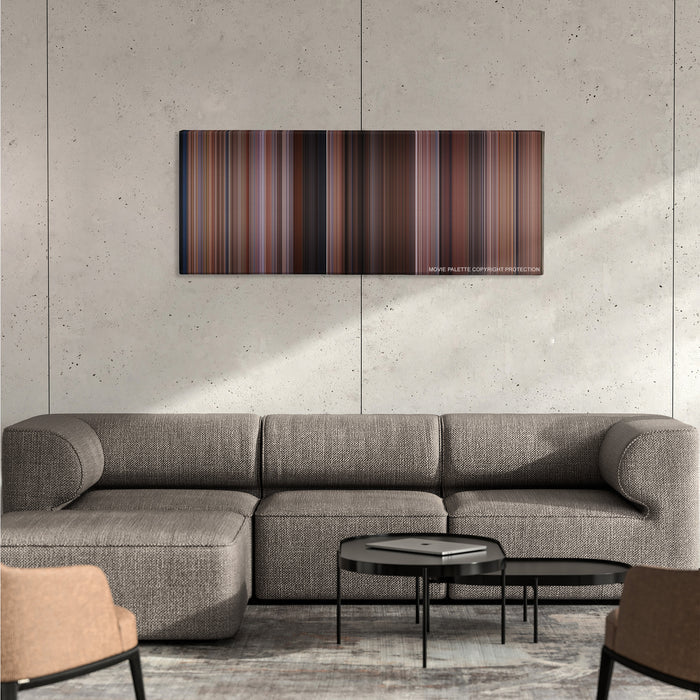 My Big Fat Greek Wedding color palette canvas on a concrete wall above a gray sectional sofa