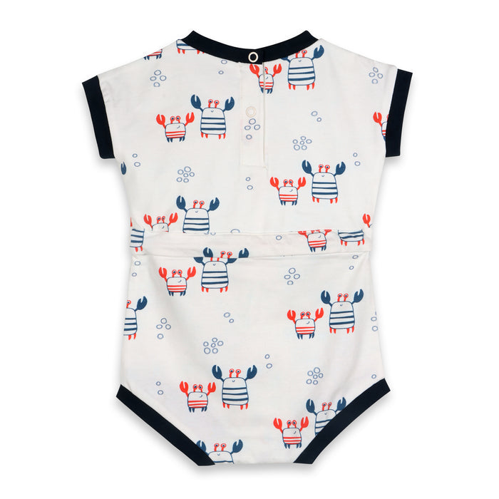 Nautical Crab Waist Tie Short Baby Romper (Organic Jersey)