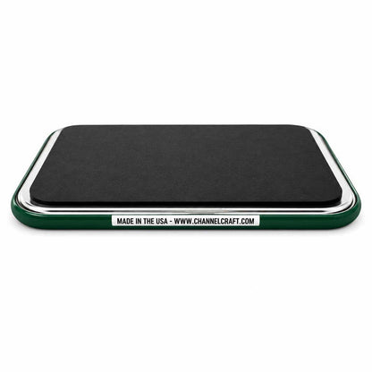 A rectangular magnet with a green border and a silver metallic trim, featuring a white label that reads 'MADE IN THE USA - WWW.CHANNELCRAFT.