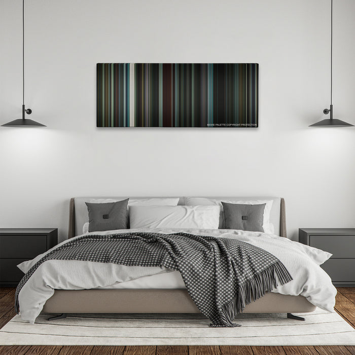 Nightcrawler color palette canvas above a bed, between two black pendant lamps