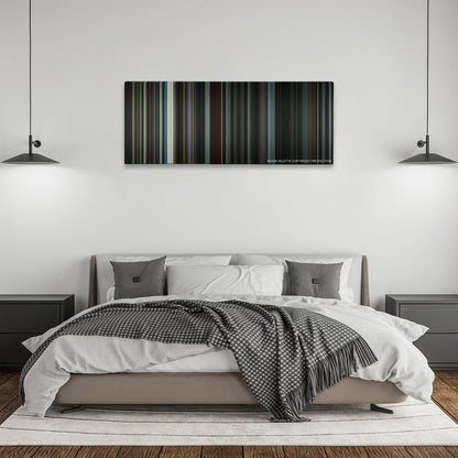Nightcrawler color palette canvas above a bed, between two black pendant lamps
