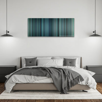 Non-Stop color palette canvas above a bed, between two black pendant lamps