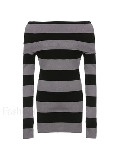 Off Shoulder Long Sleeve Striped Knit Mini Dress