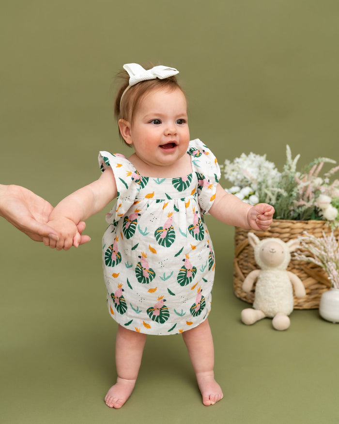 Parrot Ruffle Sleeve Baby Dress + Bloomer Set (Organic Muslin)