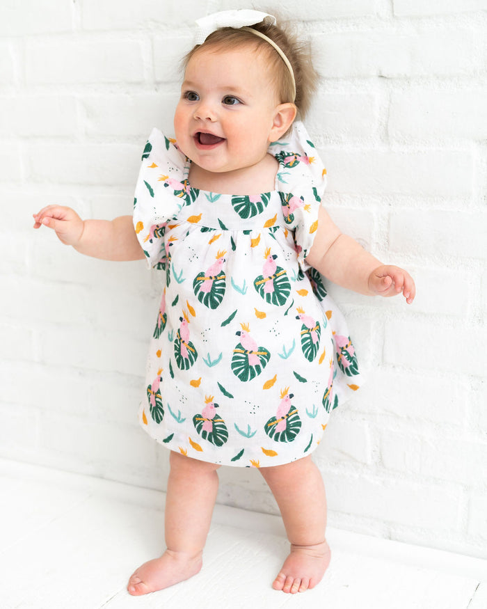 Parrot Ruffle Sleeve Baby Dress + Bloomer Set (Organic Muslin)