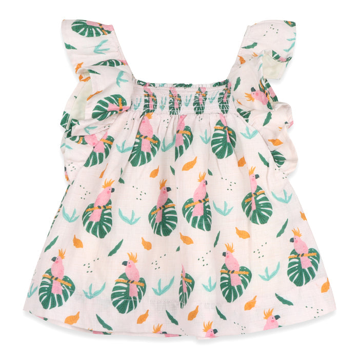 Parrot Ruffle Sleeve Baby Dress + Bloomer Set (Organic Muslin)