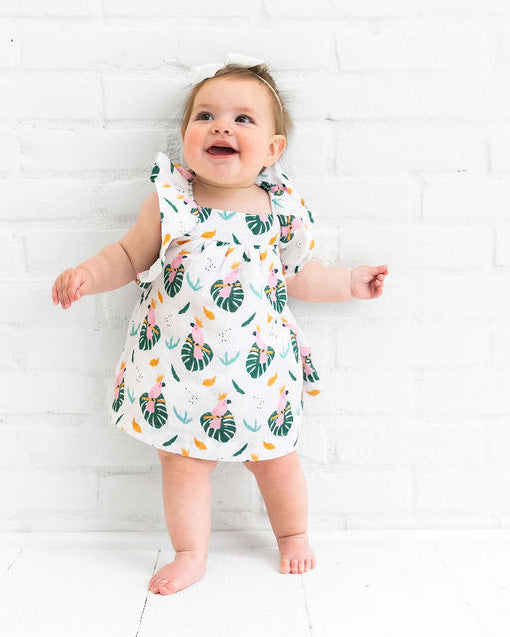 Parrot Ruffle Sleeve Baby Dress + Bloomer Set (Organic Muslin)