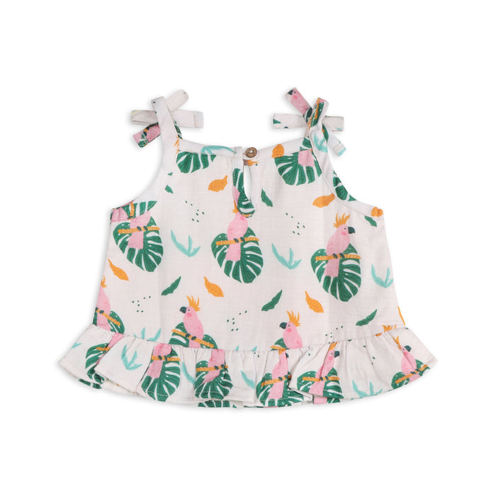 Parrot Shoulder Tie Baby Top + Bottom Set (Organic Muslin)