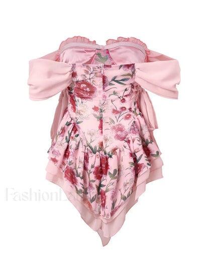 Patchwork Ruffle Bardot Floral Mini Dress