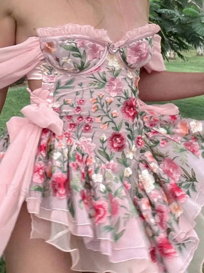 Patchwork Ruffle Bardot Floral Mini Dress