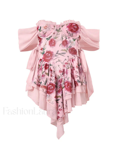 Patchwork Ruffle Bardot Floral Mini Dress