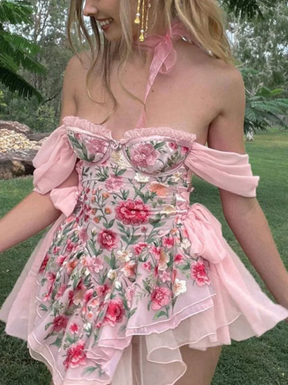 Patchwork Ruffle Bardot Floral Mini Dress
