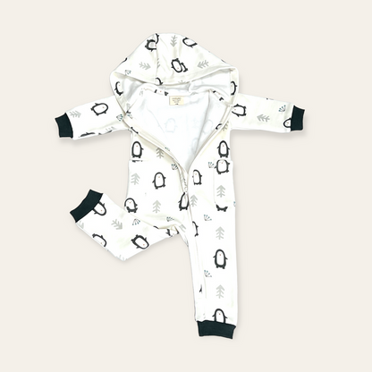 Penguin Fleece Zipper Hooded Baby Jumpsuit (Organic Cotton)