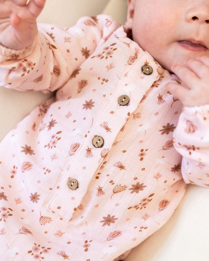 Pink Floral Long Sleeve Baby Jumpsuit (Organic Muslin)