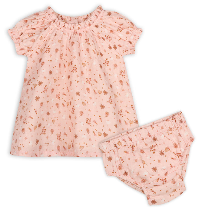Pink Floral Puff Sleeve Baby Dress + Bloomer Set (Organic Muslin)