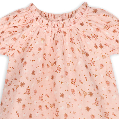 Pink Floral Puff Sleeve Baby Dress + Bloomer Set (Organic Muslin)