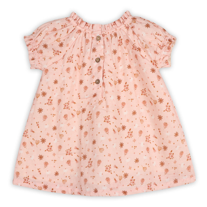 Pink Floral Puff Sleeve Baby Dress + Bloomer Set (Organic Muslin)