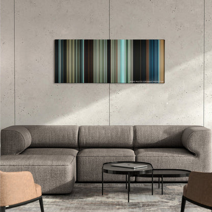 Pirates of the Caribbean: Dead Men Tell No Tales color palette canvas on a concrete wall above a gray sectional sofa