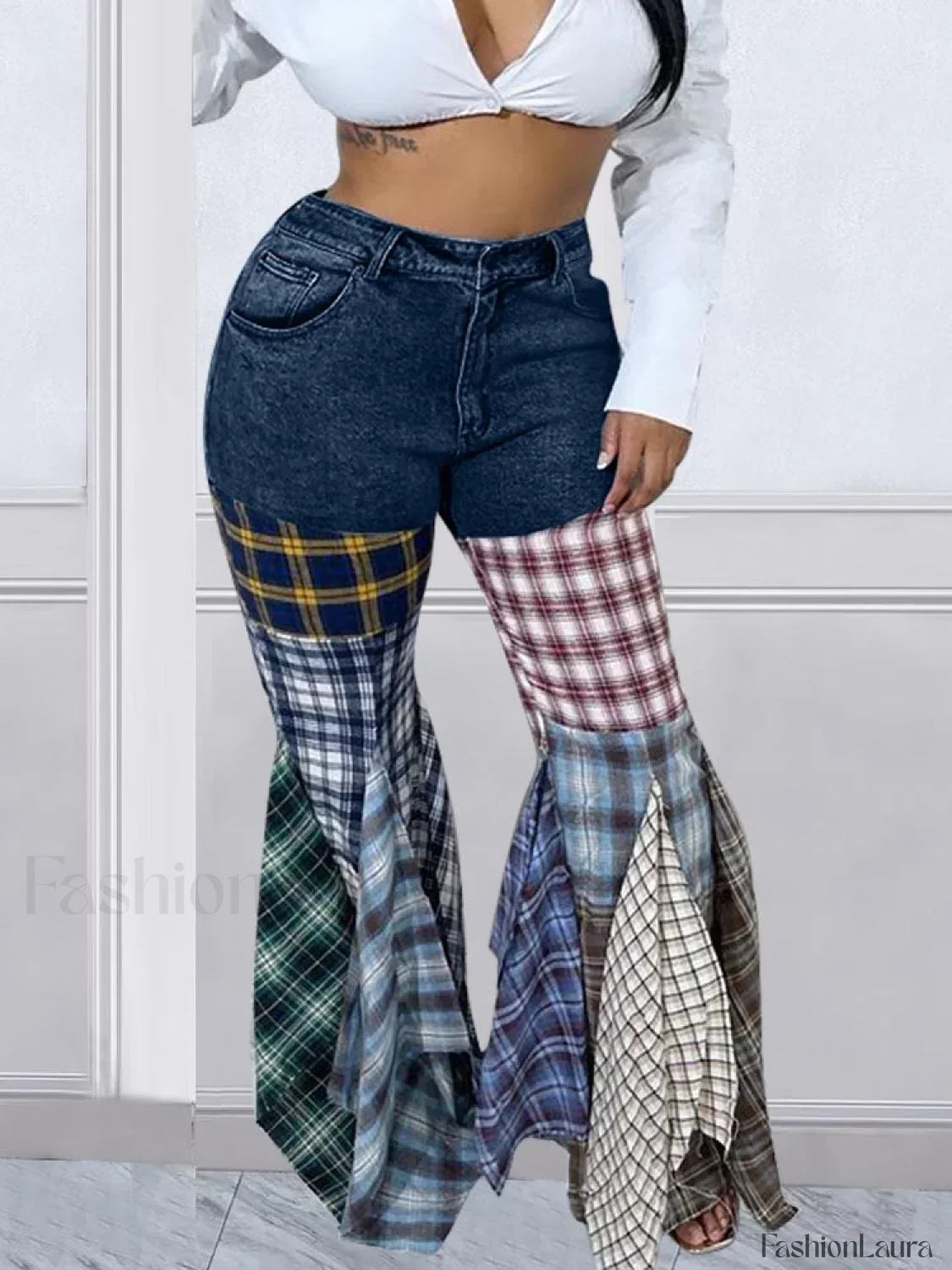 Plaid Patchwork Denim Jeans