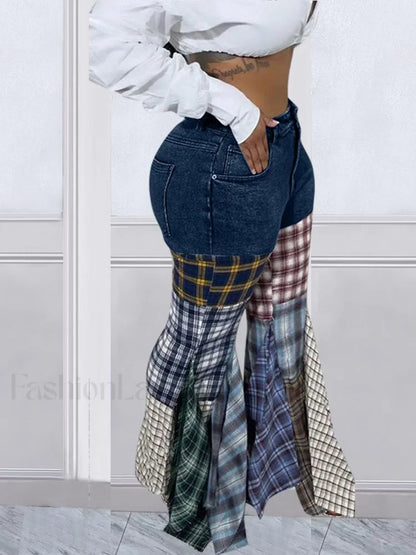 Plaid Patchwork Denim Jeans