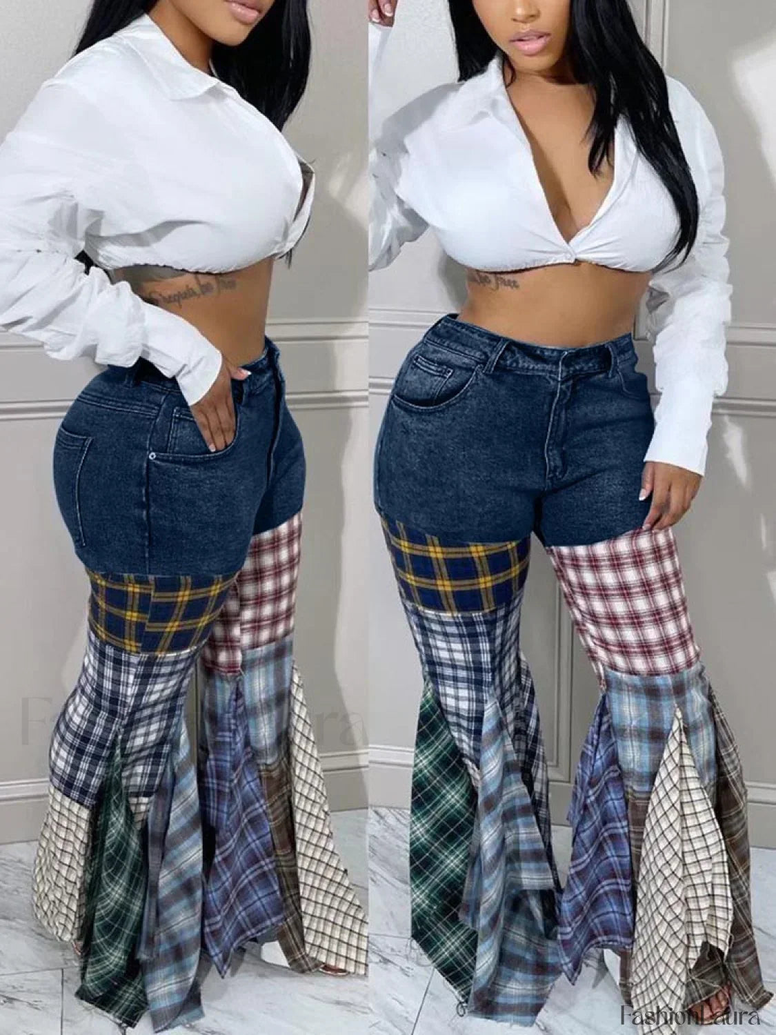 Plaid Patchwork Denim Jeans