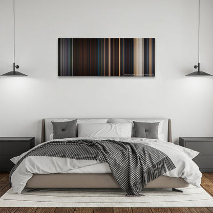 Planet of the Apes color palette canvas above a bed, between two black pendant lamps