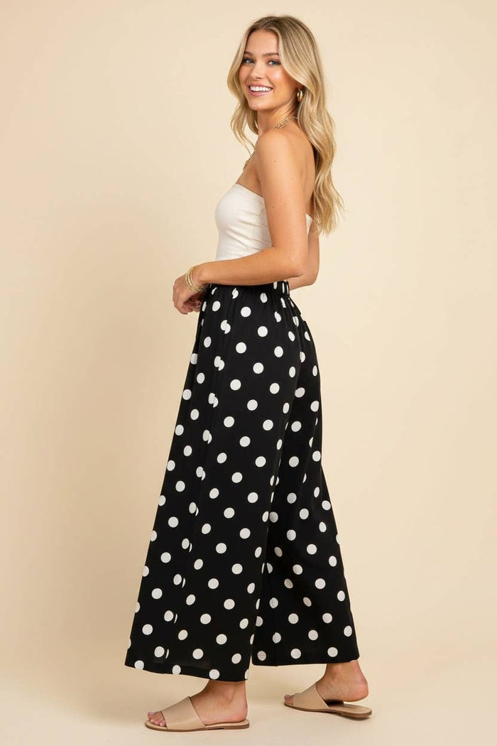 Polka Dot Wide Leg Cropped Pants: BLACK