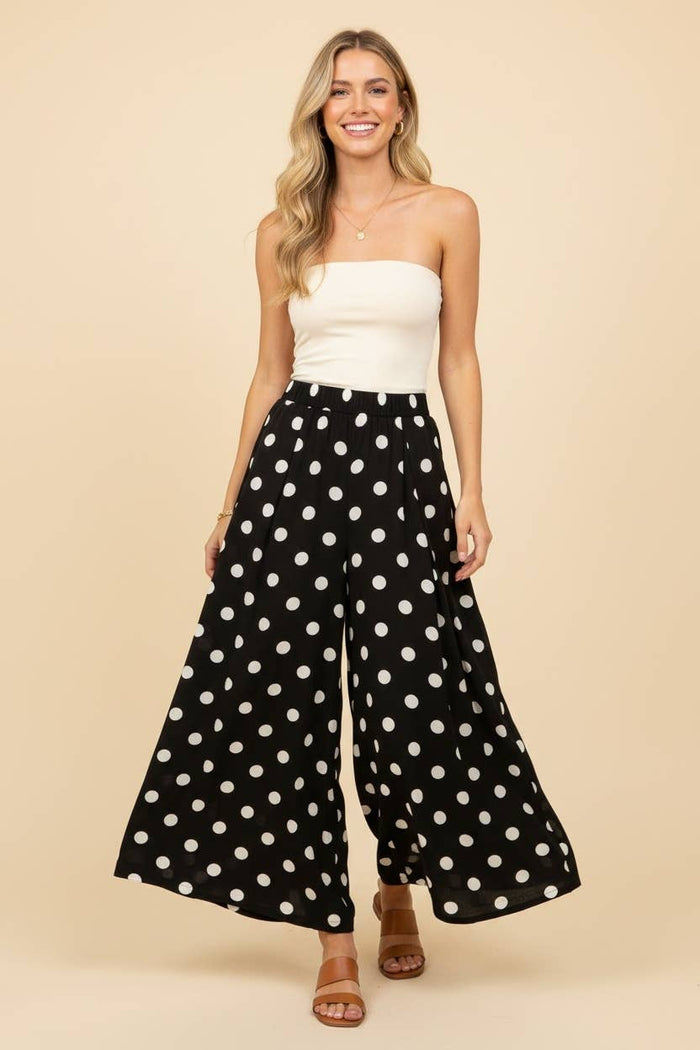 Polka Dot Wide Leg Cropped Pants: BLACK