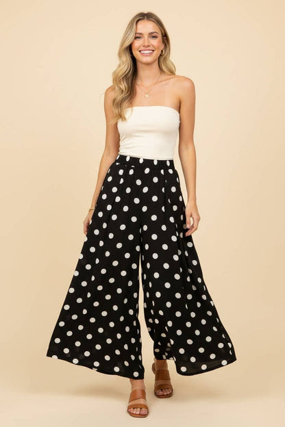 Polka Dot Wide Leg Cropped Pants: BLACK