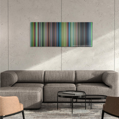 Princess Mononoke color palette canvas on a concrete wall above a gray sectional sofa