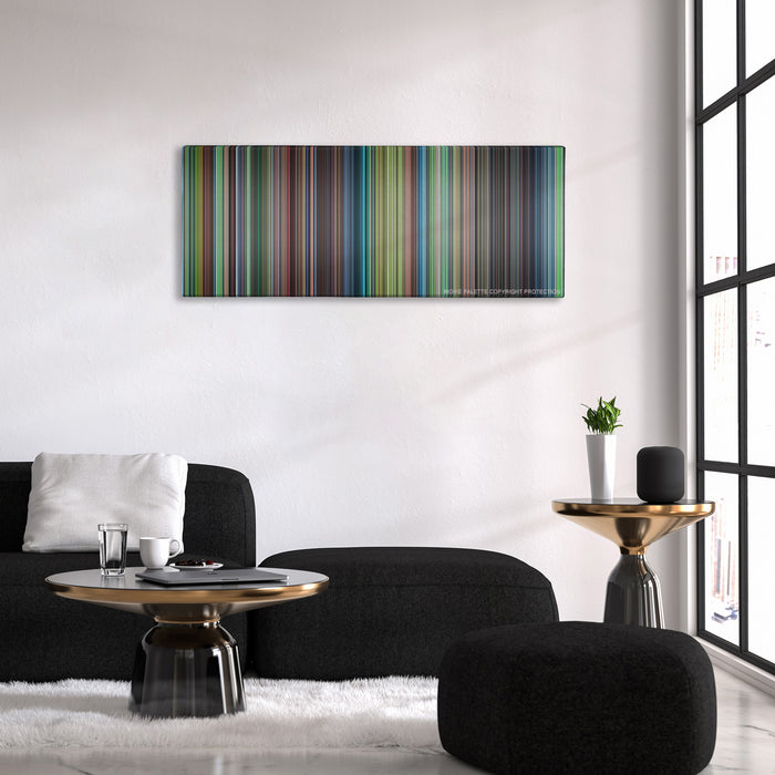 Princess Mononoke color palette canvas above a black sofa with a gold-topped table