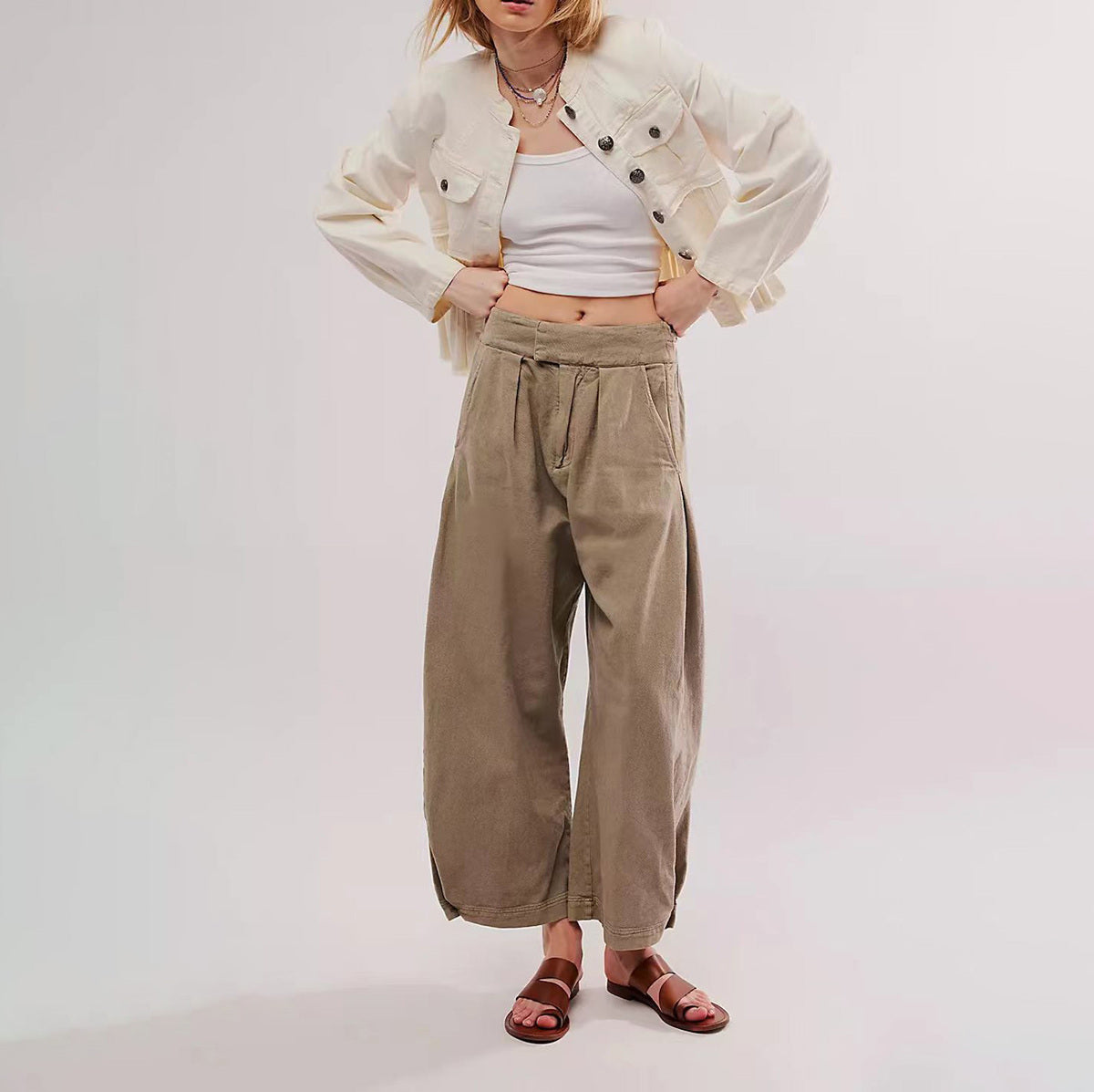 Women Fashion Casual Loose Solid Color Elastic Waisted Jeans