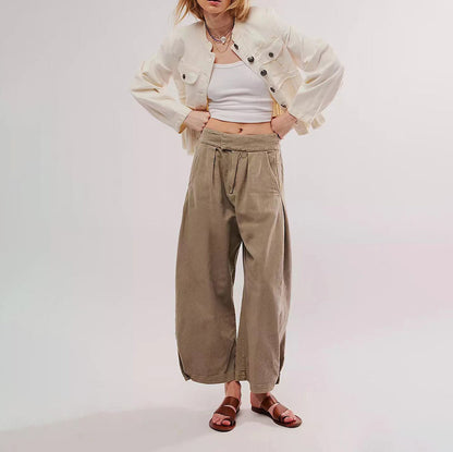 Women Fashion Casual Loose Solid Color Elastic Waisted Jeans