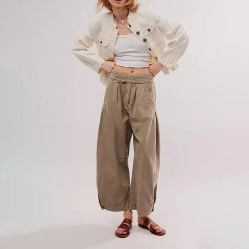 Women Fashion Casual Loose Solid Color Elastic Waisted Jeans