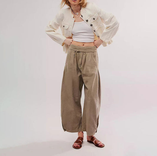 Women Fashion Casual Loose Solid Color Elastic Waisted Jeans