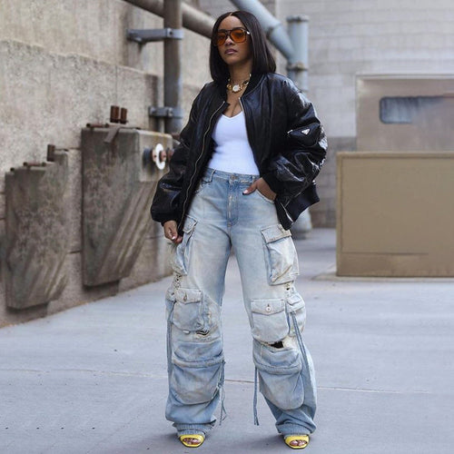 Women Fashion Casual High-Waist Multi-Pockets Jeans