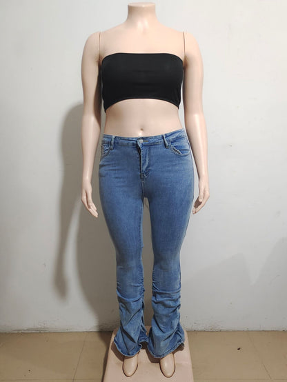 Women Fashion Casual Stretch Creased Flared Jeans