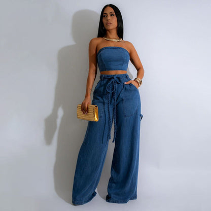 Women Fashion Casual Denim Tube Top Wide Leg Lace-Up Jeans Two-Piece Set