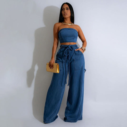 Women Fashion Casual Denim Tube Top Wide Leg Lace-Up Jeans Two-Piece Set