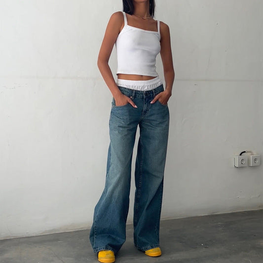 Women Casual Reteo Solid Color Low Waist Straight Jeans