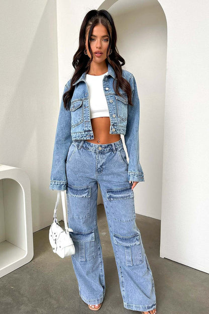 Women Fashion Casual Multi Pocket Wide Leg Jeans
