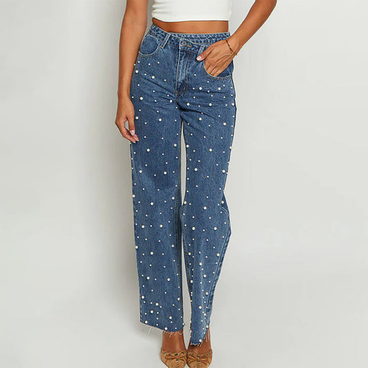 Women Fashion Casual Skew Waist Cross Beaded Jeans