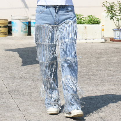 Women Fashion Casual Creative Sequin Tassel Straight Leg Jeans