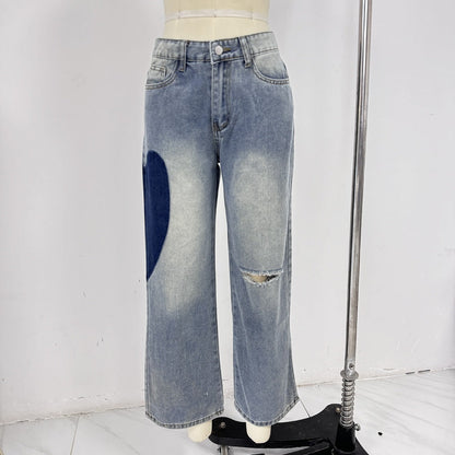 Women Fashion Casual Side Seam Heart Low Waist Straight Jeans