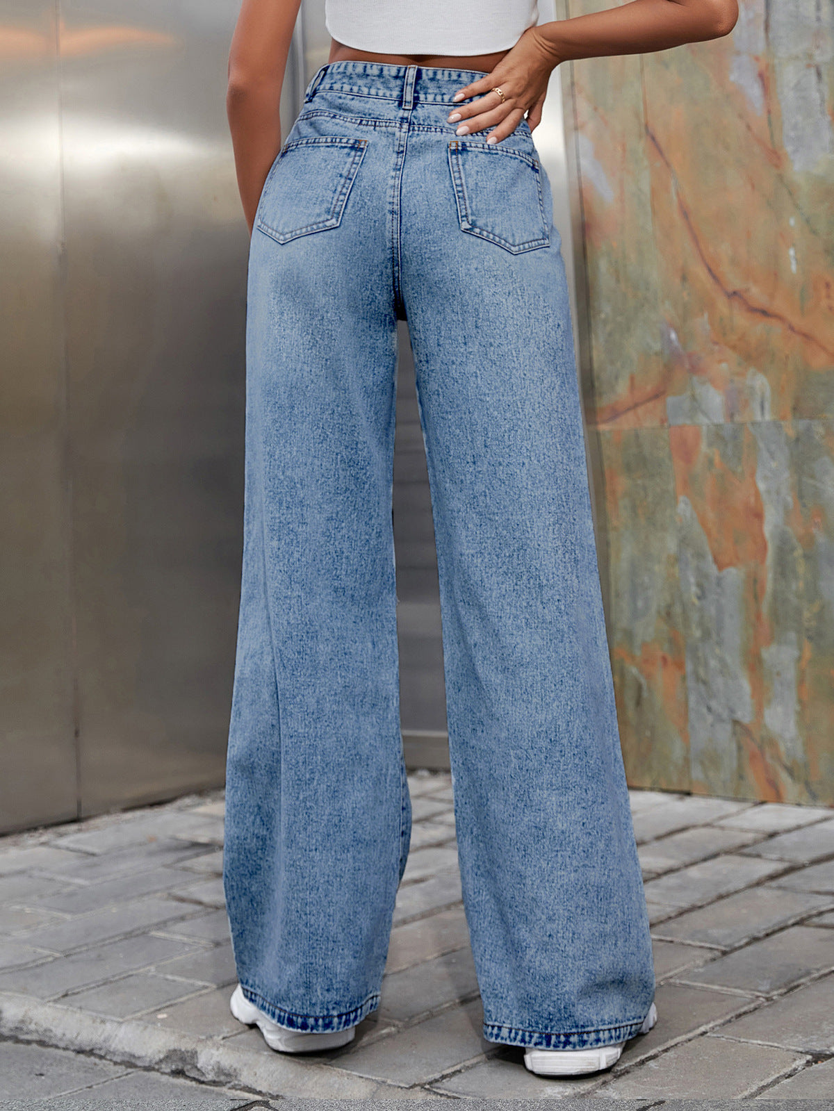 Women Fashion Casual High Waist Wide Leg Ripped Jeans