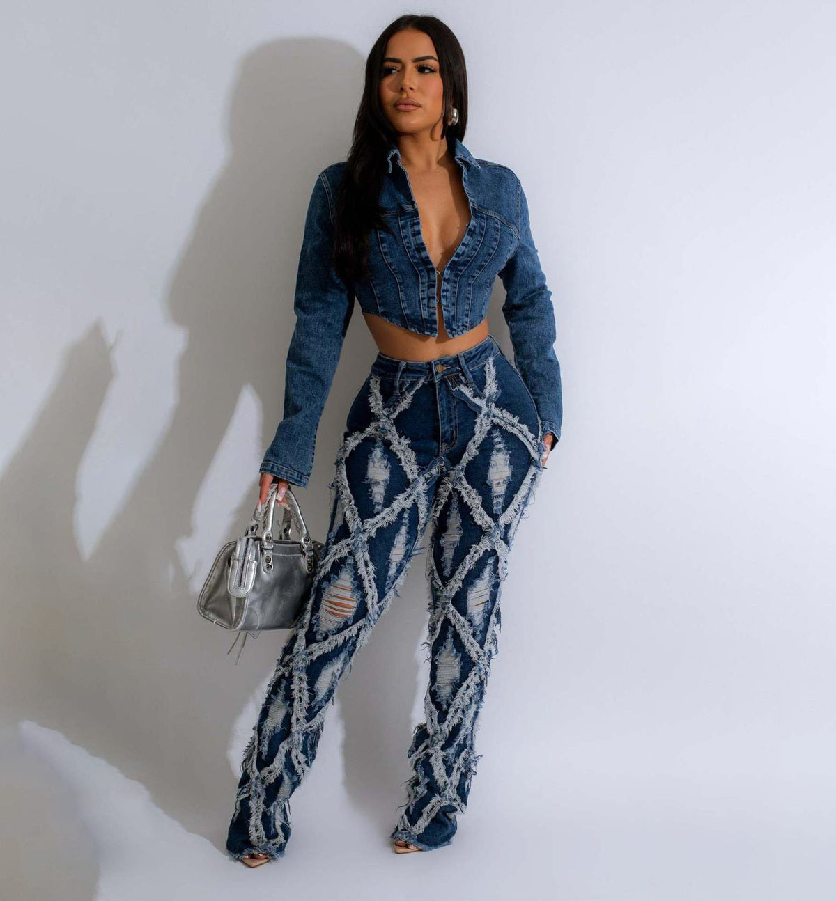 Women Fashion Casual Plaid Loose Micro-Flared Jeans