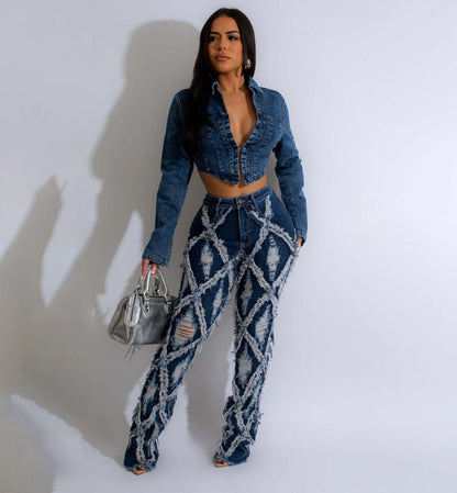 Women Fashion Casual Plaid Loose Micro-Flared Jeans