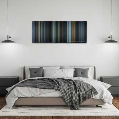 Prometheus color palette canvas above a bed, between two black pendant lamps