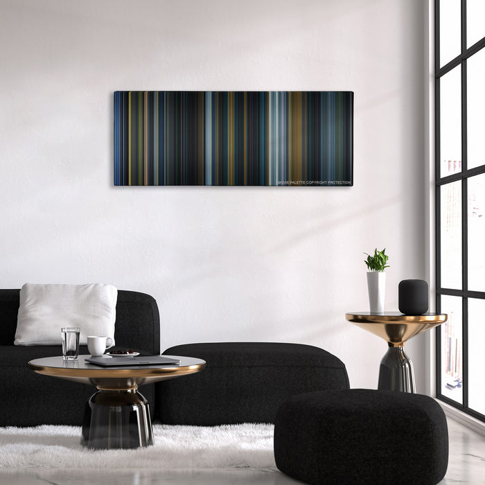 Prometheus color palette canvas above a black sofa with a gold-topped table